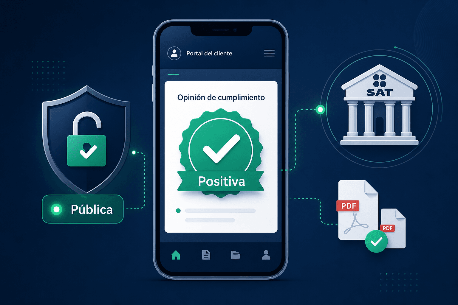 Ilustración de un teléfono mostrando el portal del cliente con una opinión de cumplimiento positiva (sello verde con palomita) y una etiqueta de “Pública” conectada al SAT.