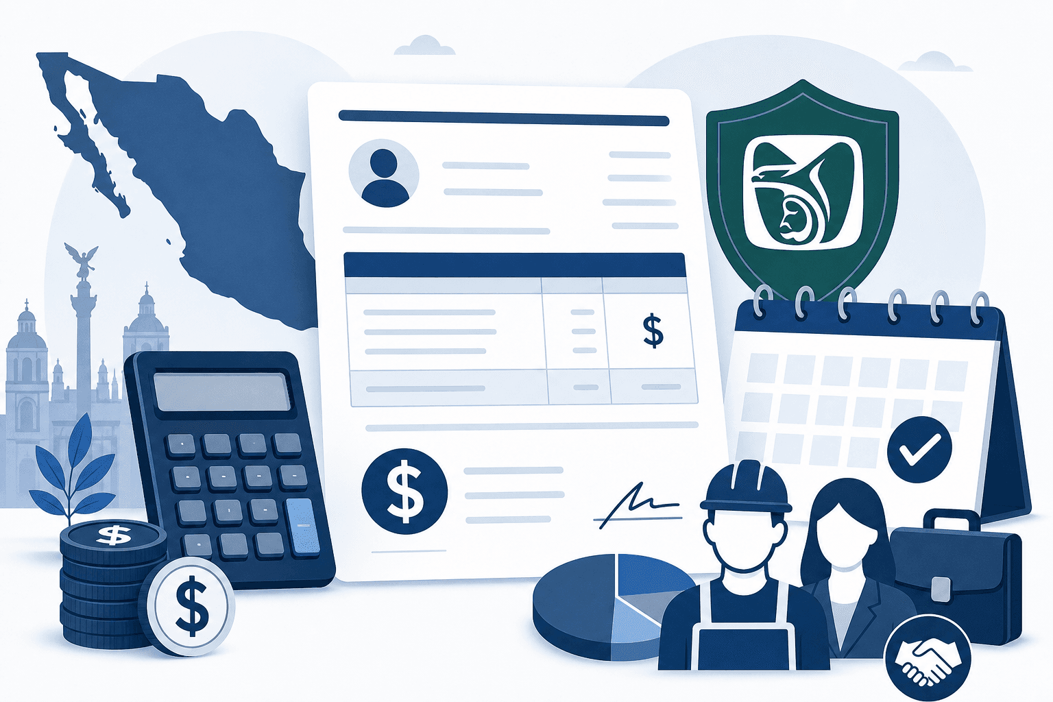 Ilustración de un recibo de nómina con calculadora, mapa de México, trabajadores y el escudo del IMSS, representando el Salario Diario Integrado.