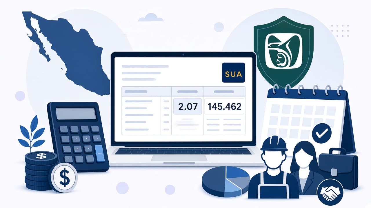 Ilustración del SUA del IMSS: laptop con la pantalla de Actualizar INPC y Recargos, calendario y trabajadores.