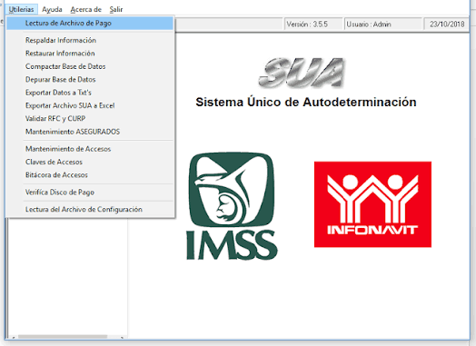 Pantalla de inicio del SUA del IMSS, versión 3.5.5, con el menú Utilerías abierto y los logos de IMSS e Infonavit.