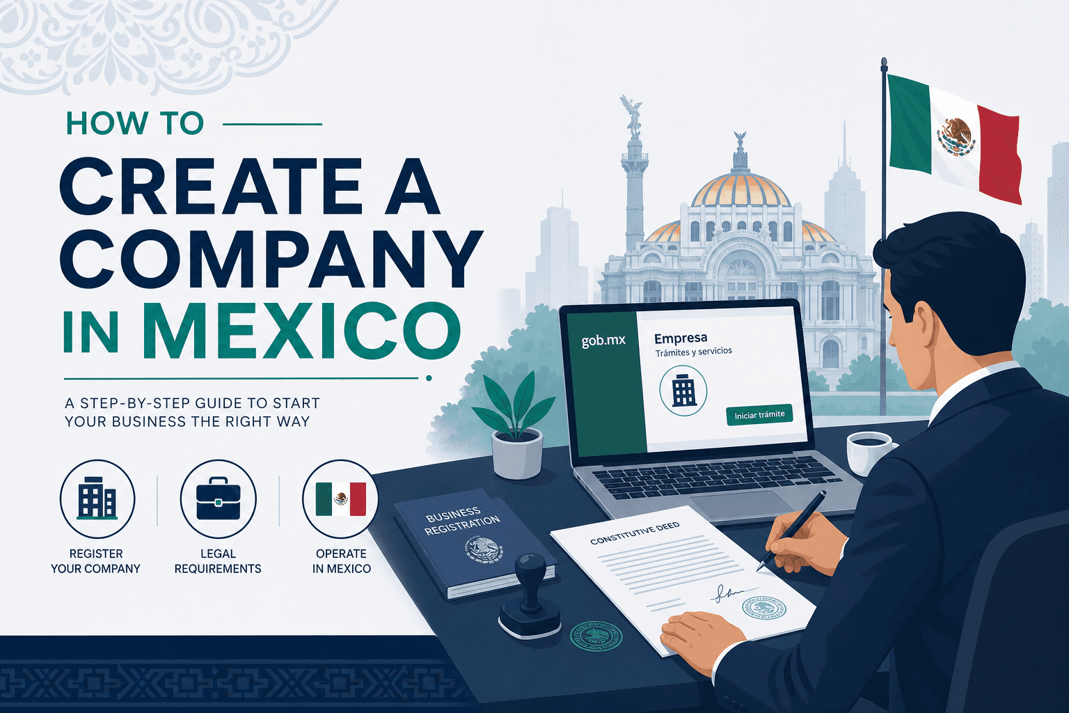 Ilustración de un emprendedor firmando el acta constitutiva de su empresa frente a una laptop con el portal gob.mx, con la bandera de México y el Palacio de Bellas Artes al fondo.