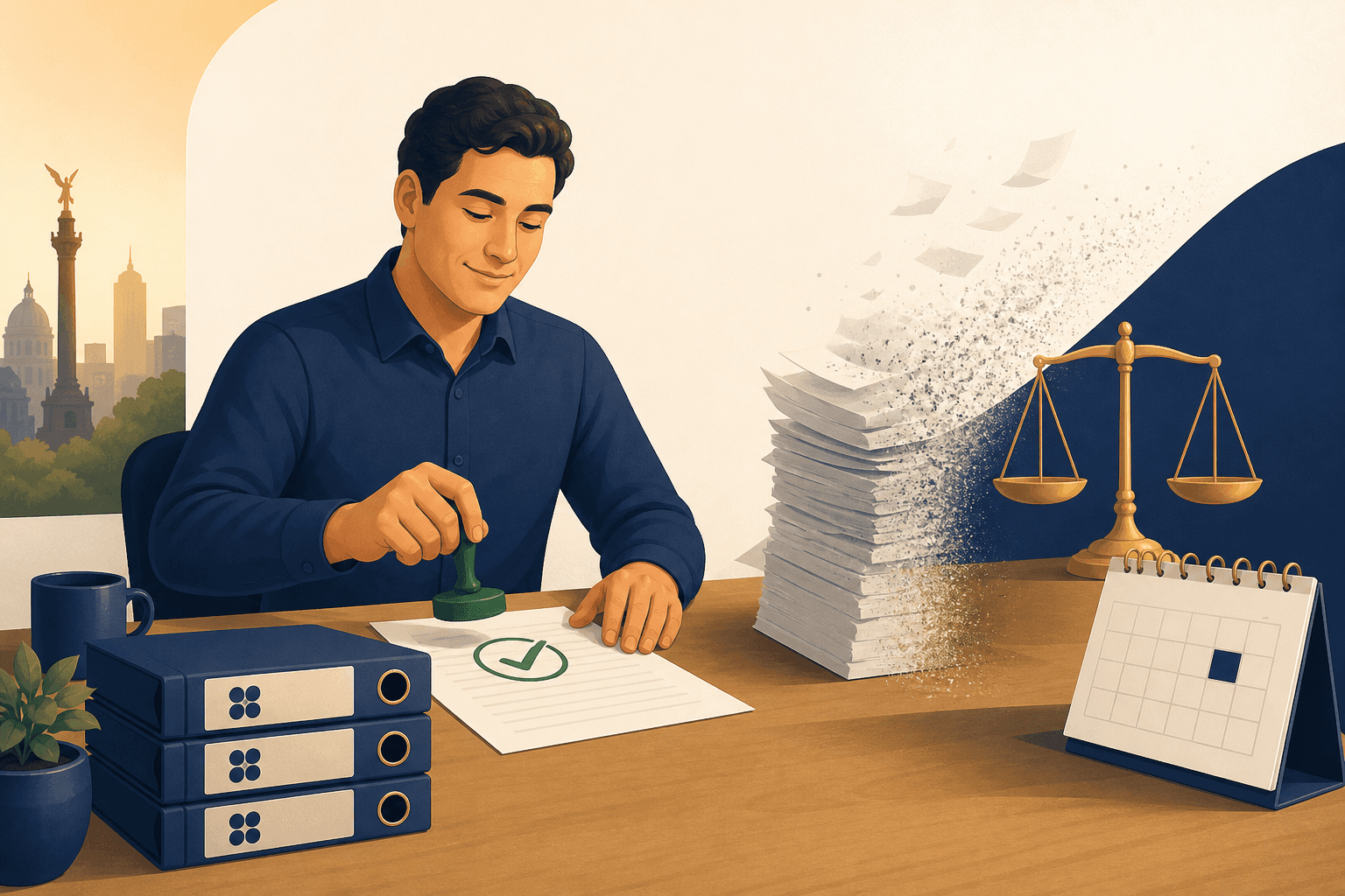 Ilustración de un contribuyente revisando su historial fiscal con carpetas de años anteriores, un sello de regularización y una balanza.