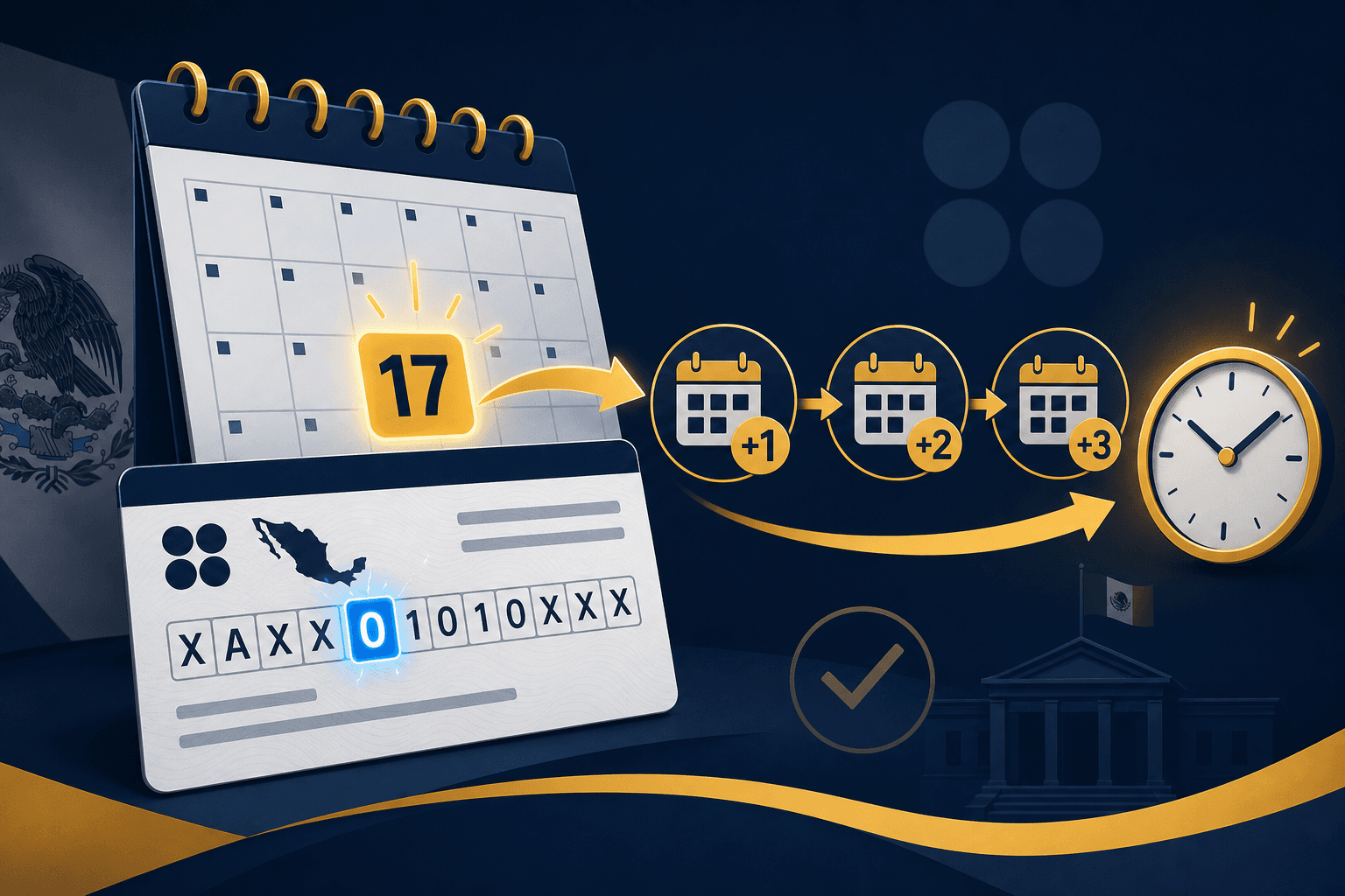 Ilustración de un calendario fiscal con el día 17 resaltado, un RFC con el sexto dígito brillando y flechas que muestran días hábiles adicionales.